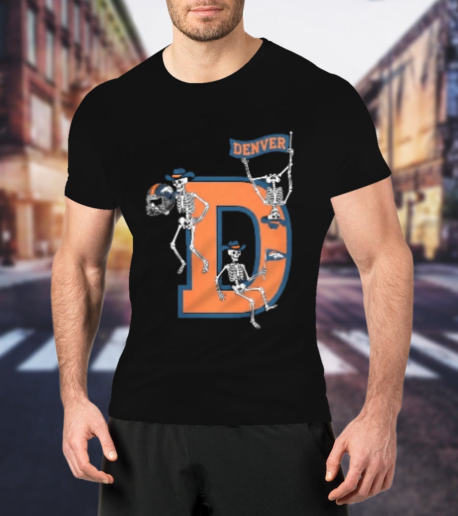 Denver Broncos Skeletons Cowboy Hats Big D Helmet Flag Orange T-Shirt