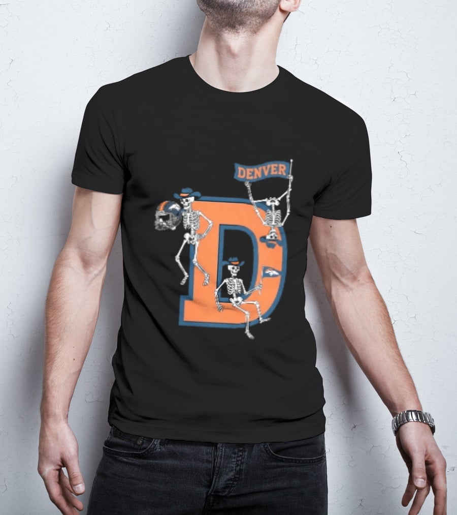 Denver Broncos Skeletons Cowboy Hats Big D Helmet Flag Orange T-Shirt