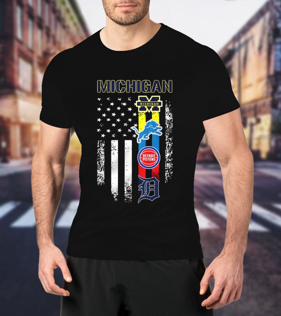Michigan Wolverines Detroit Lions Pistons Tigers Flag T-Shirt