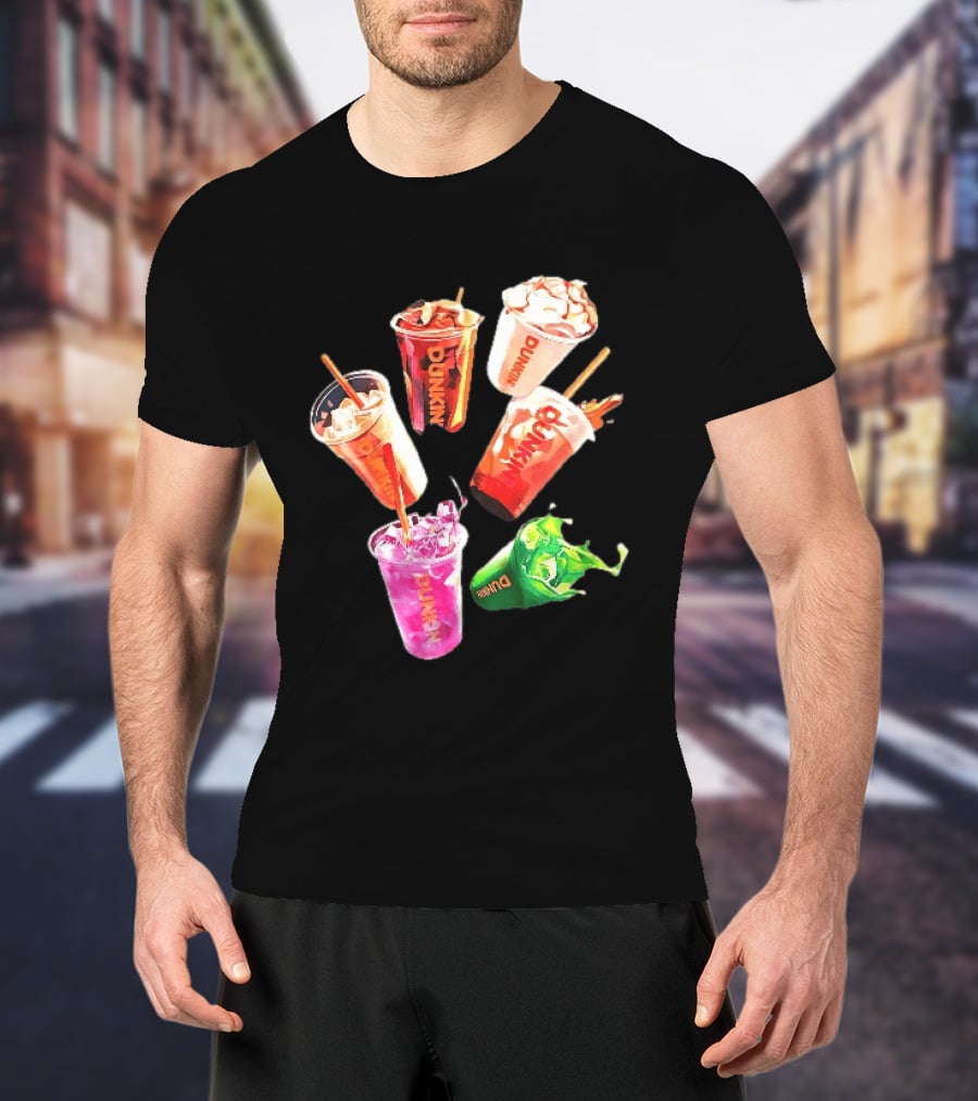 Dunkin Colorful Iced Coffee Beverages Splash With Straws T-Shirt
