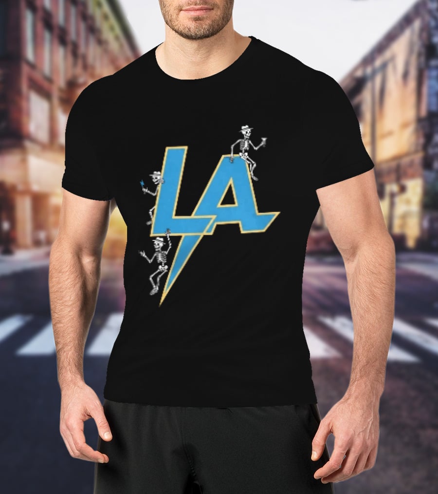 Los Angeles Chargers Skeletons On LA Lettering With Lightning Bolt T-Shirt