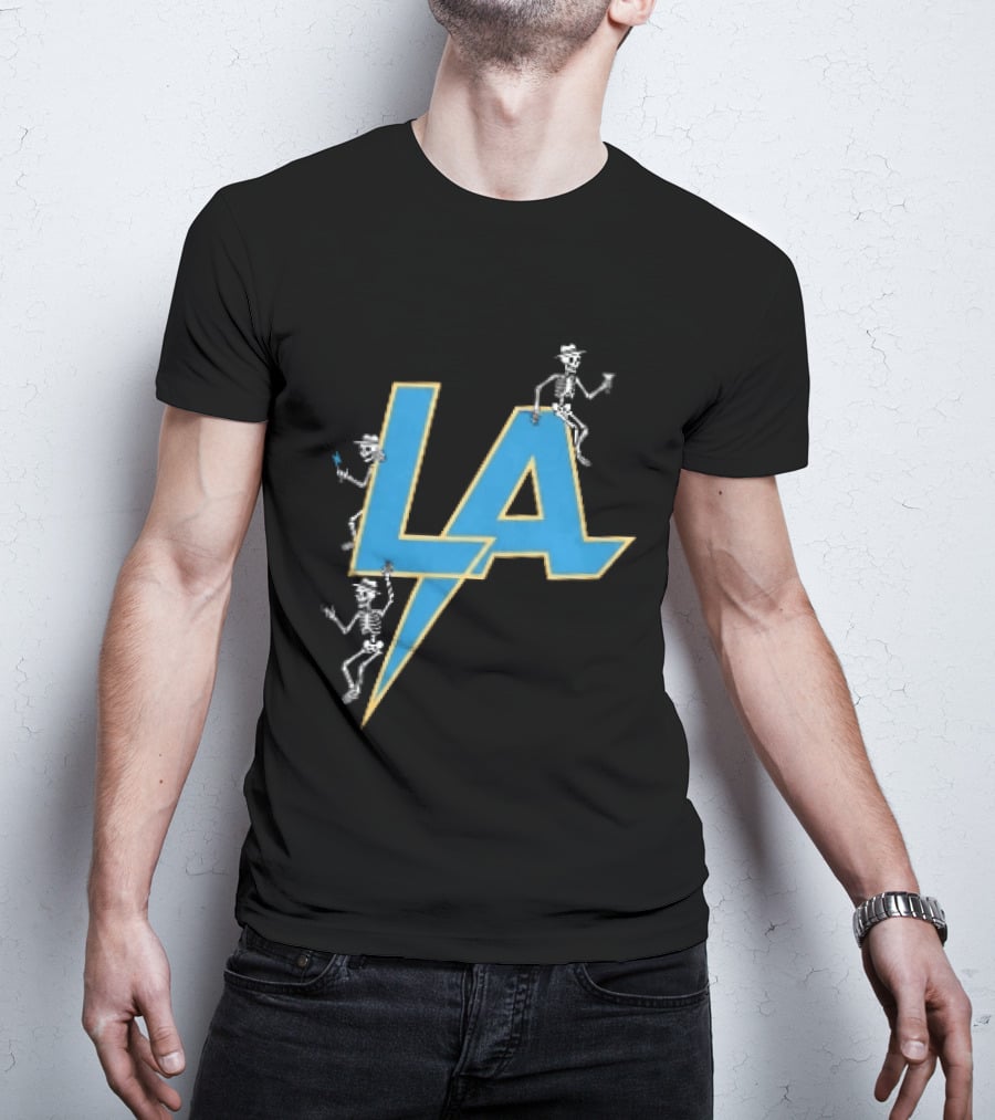 Los Angeles Chargers Skeletons On LA Lettering With Lightning Bolt T-Shirt