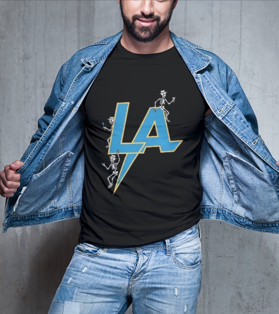 Los Angeles Chargers Skeletons On LA Lettering With Lightning Bolt T-Shirt