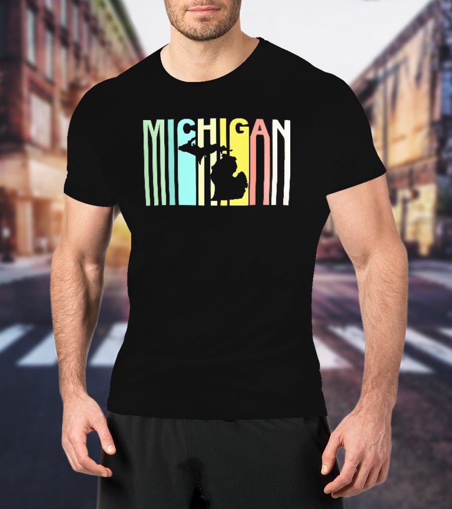 Michigan Colorful Vertical Stripe Map T-Shirt