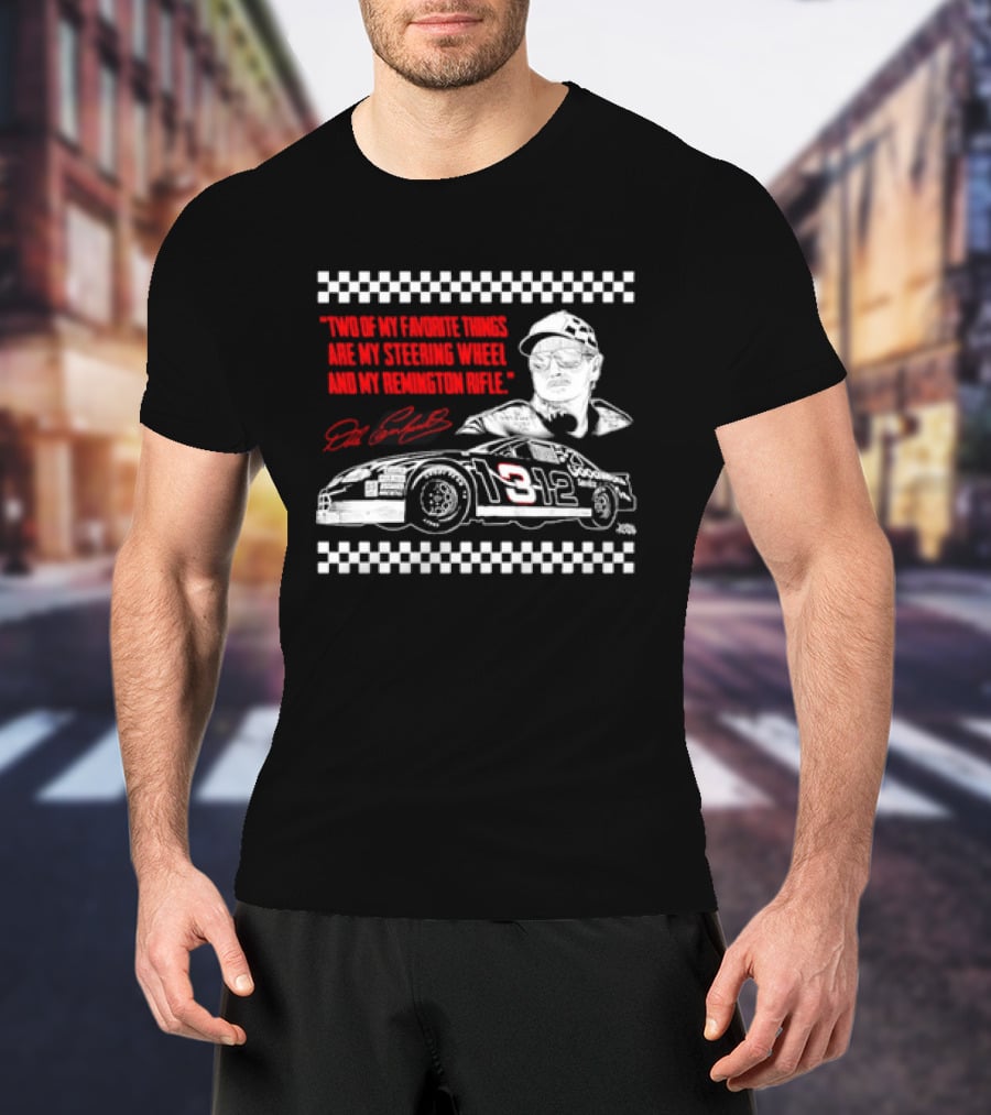 Two Of My Favorite Things Are My Steering Wheel And My Remington Rifle Racing Car 3 Checkered Flag T-Shirt