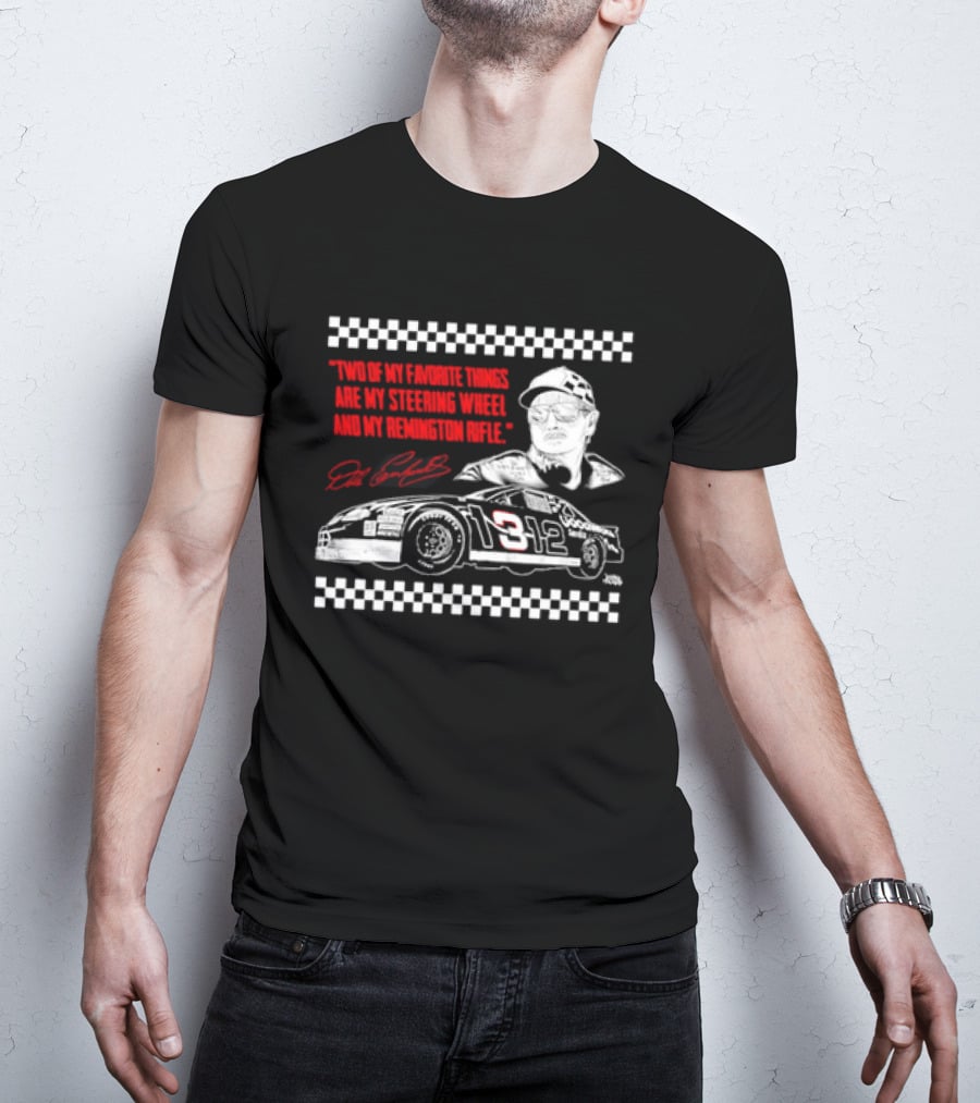 Two Of My Favorite Things Are My Steering Wheel And My Remington Rifle Racing Car 3 Checkered Flag T-Shirt
