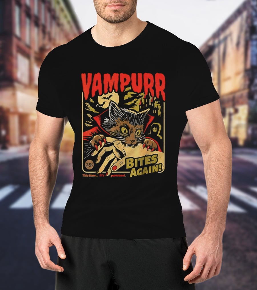 Vampurr Bites Again Vampire Cat Halloween Vintage Spooky Paws T-Shirt