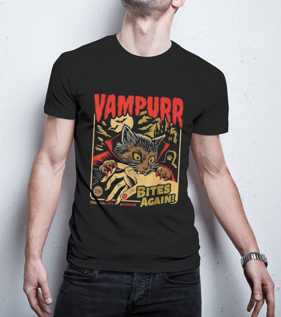 Vampurr Bites Again Vampire Cat Halloween Vintage Spooky Paws T-Shirt
