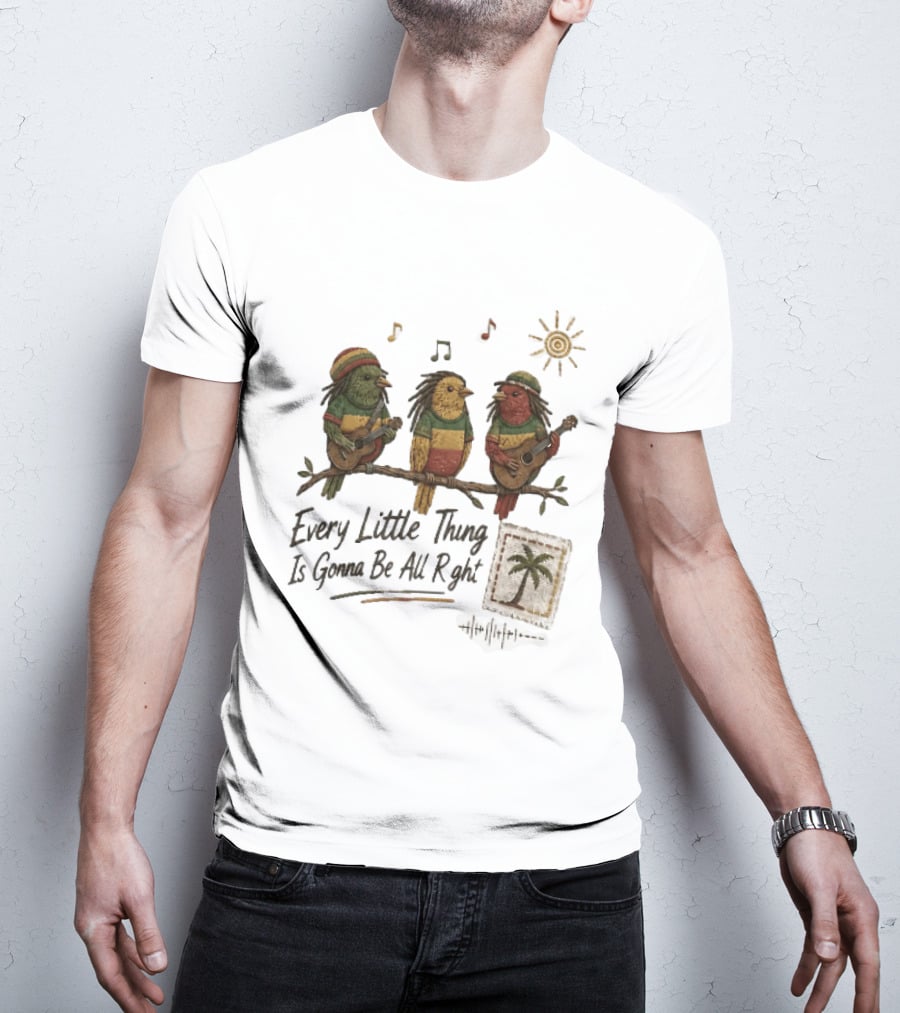 Every Little Thing Is Gonna Be All Right Reggae Birds Guitar Sunshine Palm Stamp Music Notes T-Shirt