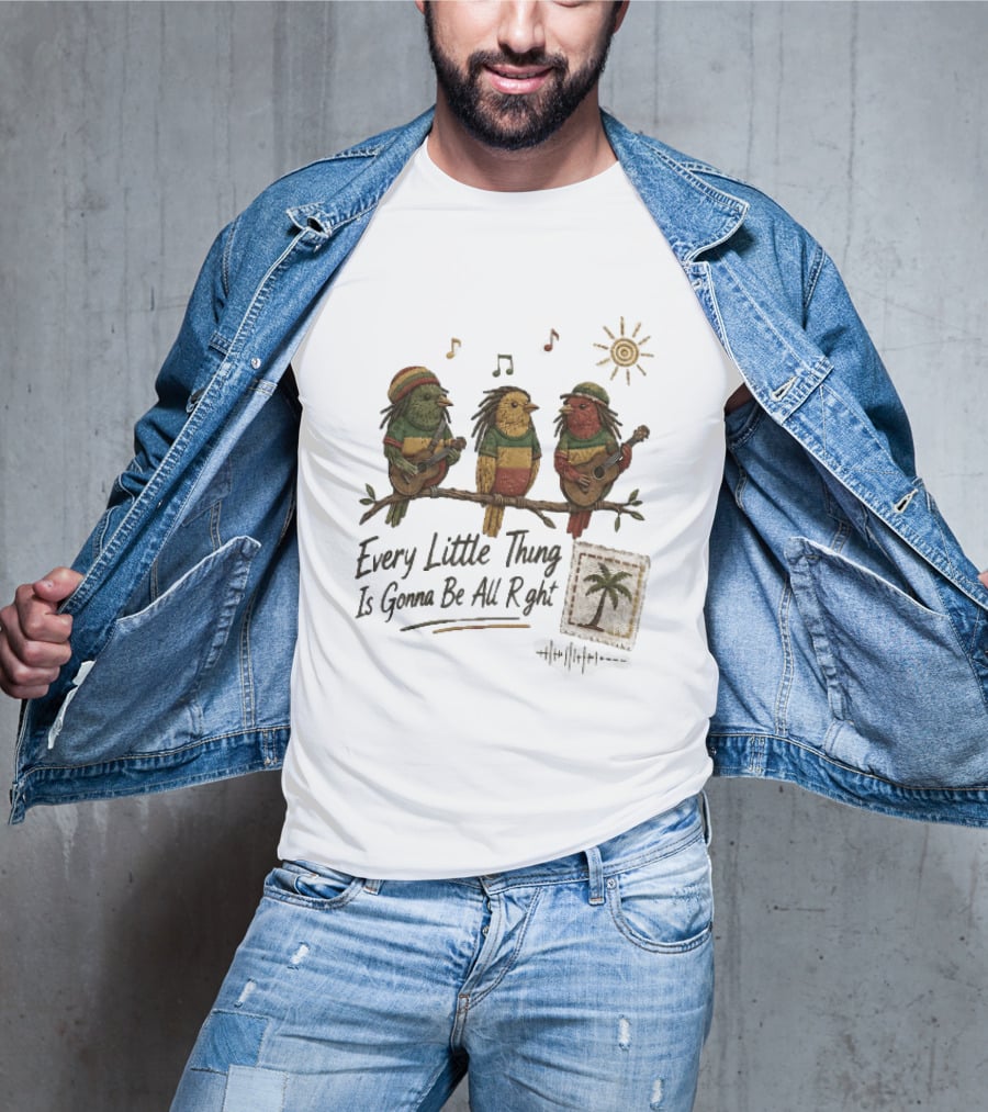 Every Little Thing Is Gonna Be All Right Reggae Birds Guitar Sunshine Palm Stamp Music Notes T-Shirt