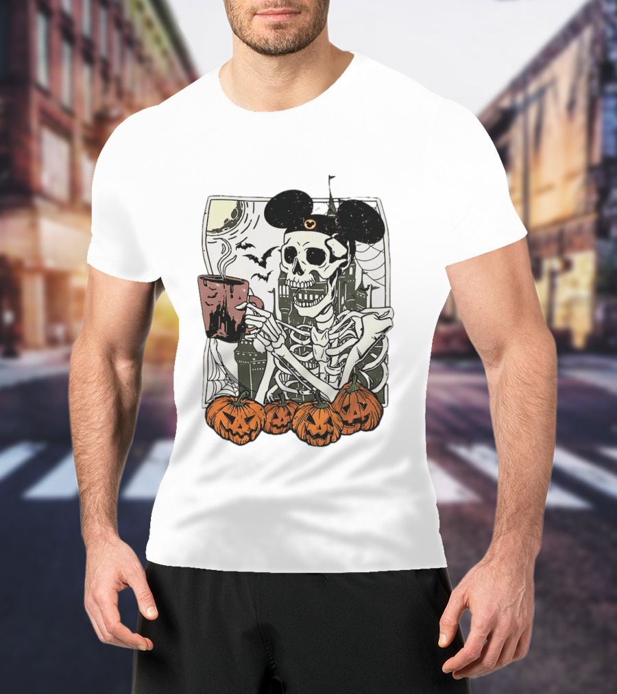 Spooky Skeleton With Coffee Mouse Ears Pumpkins Bats Halloween 2026 T-Shirt