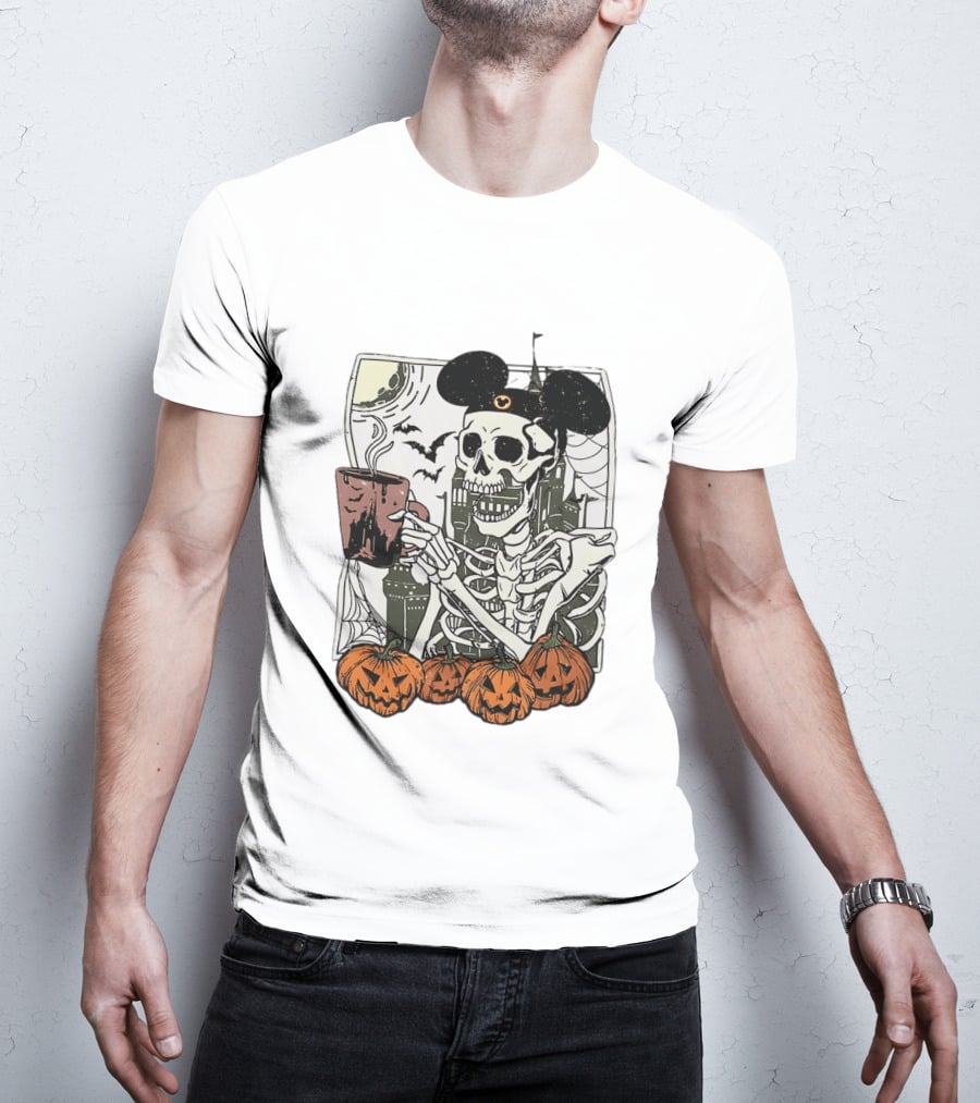 Spooky Skeleton With Coffee Mouse Ears Pumpkins Bats Halloween 2026 T-Shirt