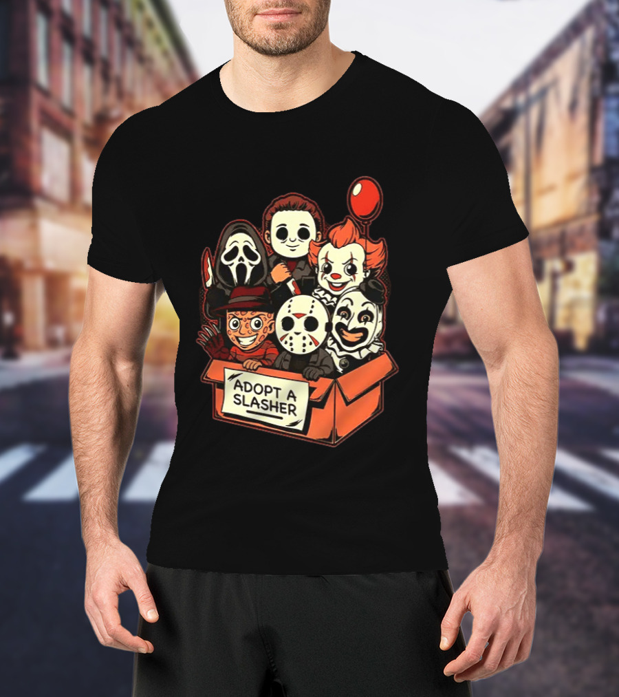 Adopt A Slasher Horror Characters Halloween Box With Iconic Balloon And Masked Monsters T-Shirt