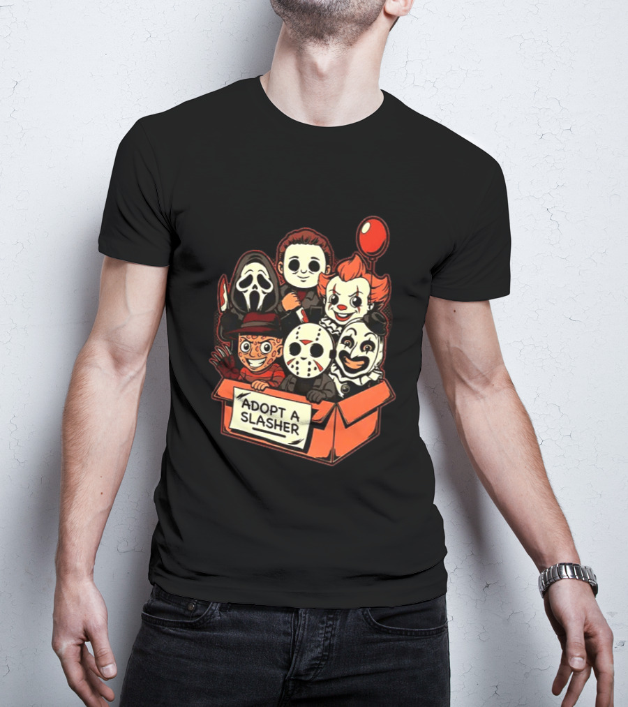 Adopt A Slasher Horror Characters Halloween Box With Iconic Balloon And Masked Monsters T-Shirt