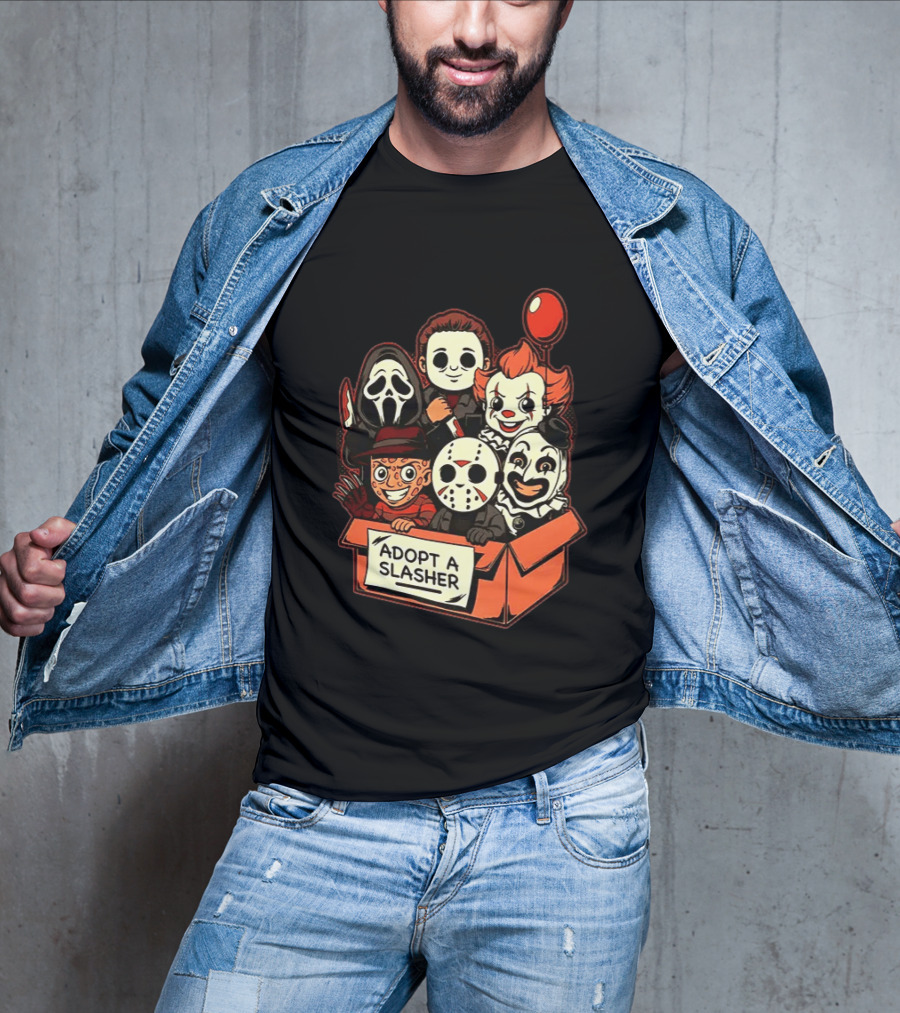 Adopt A Slasher Horror Characters Halloween Box With Iconic Balloon And Masked Monsters T-Shirt