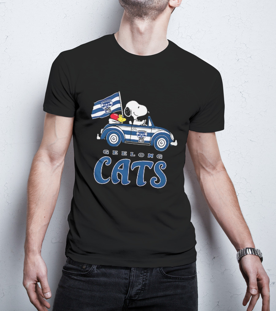 Geelong Cats Snoopy Woodstock Driving With Flag T-Shirt