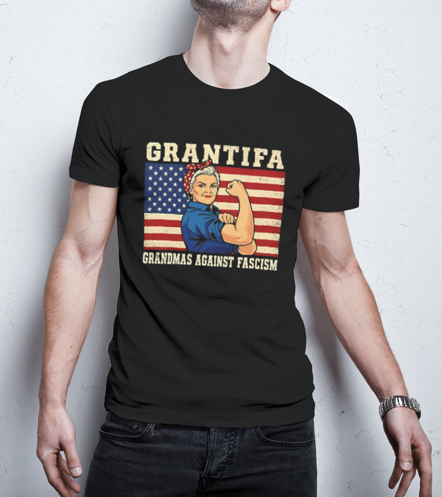 Grantifa Grandmas Against Fascism Rosie Riveter USA Flag T-Shirt