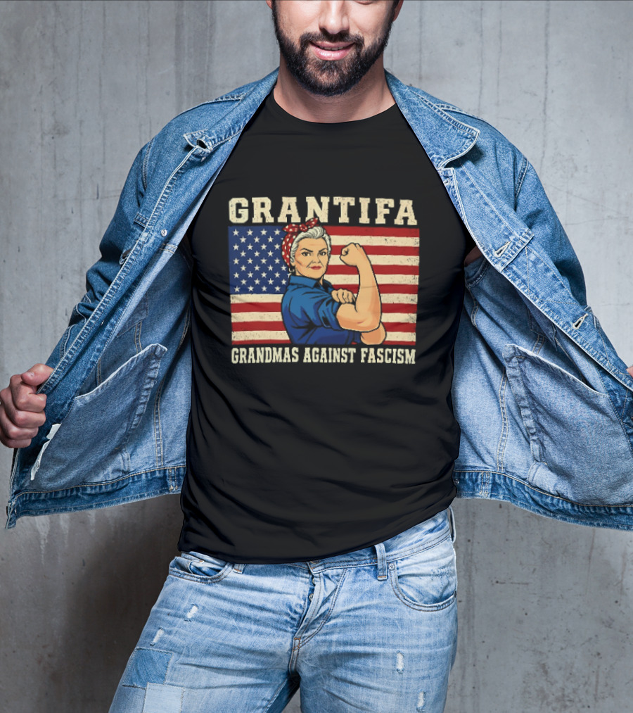 Grantifa Grandmas Against Fascism Rosie Riveter USA Flag T-Shirt