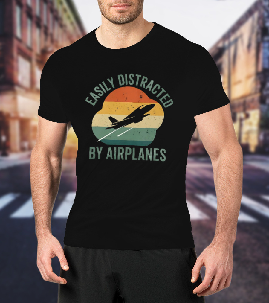 Easily Distracted By Airplanes Retro Jet Vintage Stripes T-Shirt