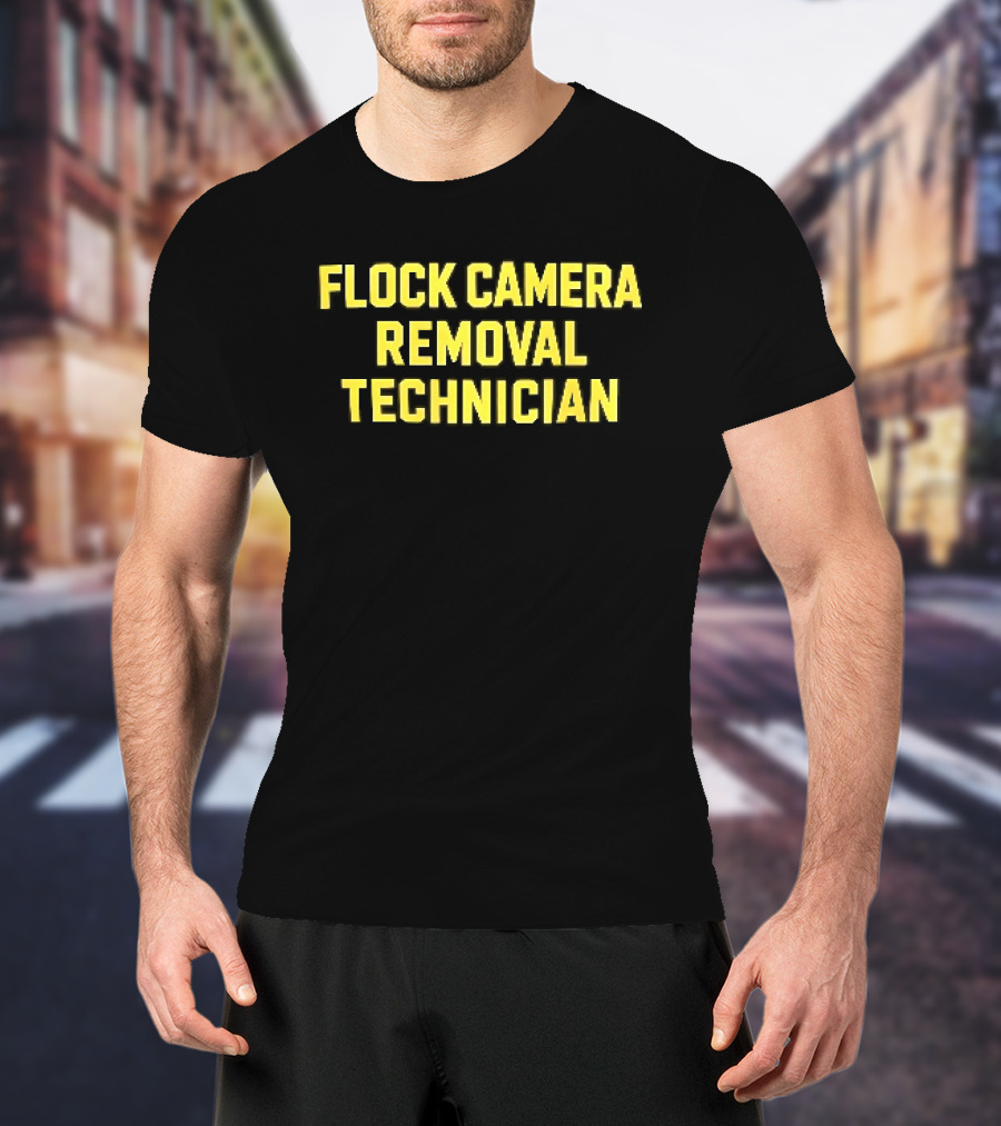 Flock Camera Removal Technician Yellow Varsity Block T-Shirt