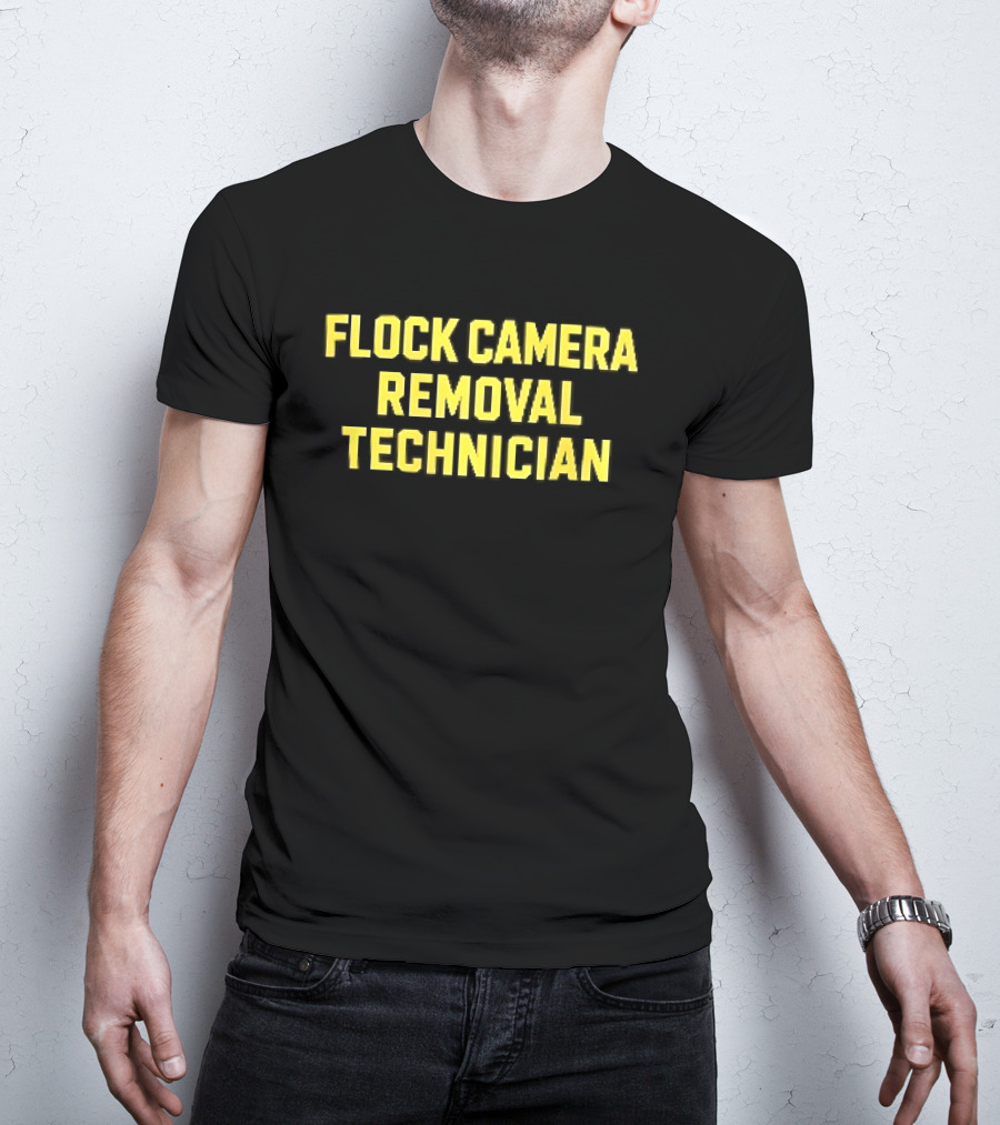Flock Camera Removal Technician Yellow Varsity Block T-Shirt