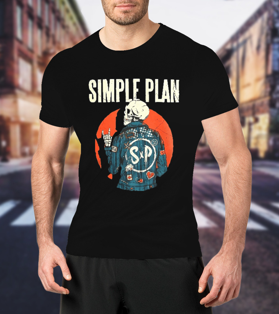 Simple Plan Just A Kid 1999 Skeleton Rock Sign SP Denim Jacket Distressed T-Shirt