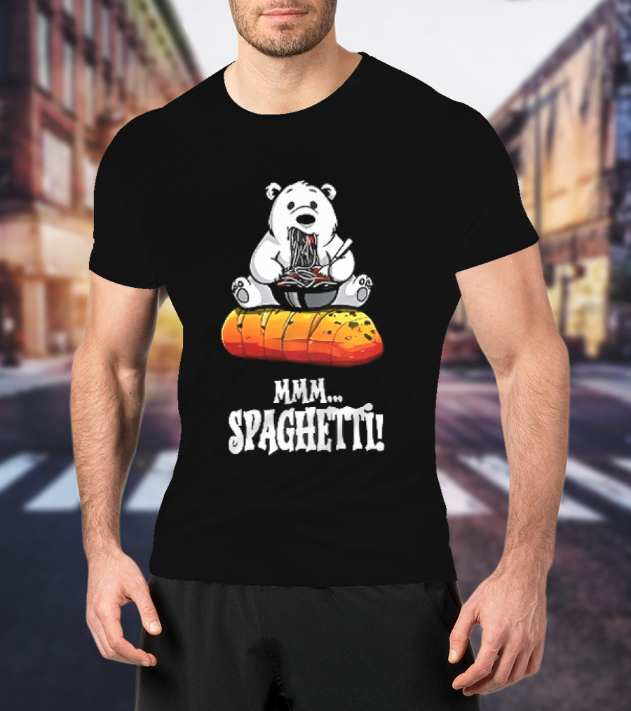 Mmm Spaghetti Cartoon Polar Bear Enjoying Pasta On Garlic Bread T-Shirt