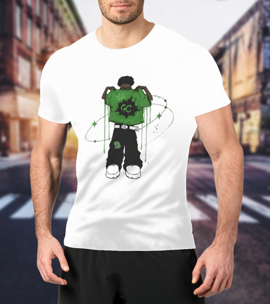 Gc Drip Cartoon Character Holding Green Clothing With Crown And Stars T-Shirt