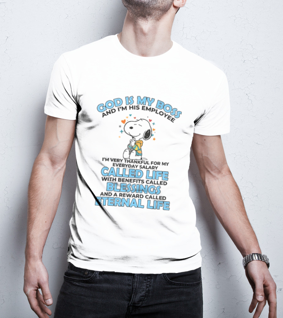 God Is My Boss Employee Everyday Salary Called Life Benefits Blessings Eternal Cartoon Dog Praying T-Shirt