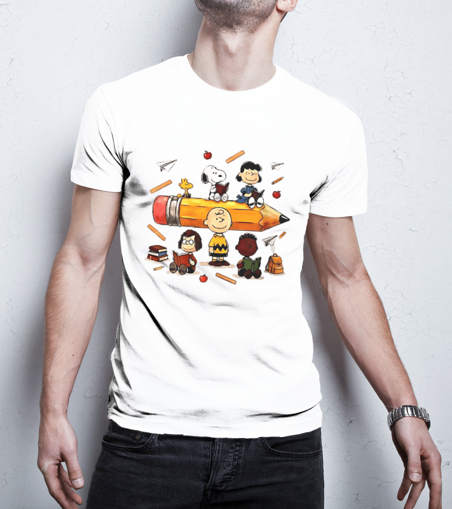 Charlie's Giant Pencil Peanuts Cartoon School Supplies Snoopy Woodstock T-Shirt