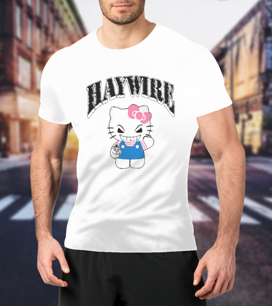 Haywire Hello Kitty Mischievous Grin Pink Bow Blue Overalls T-Shirt