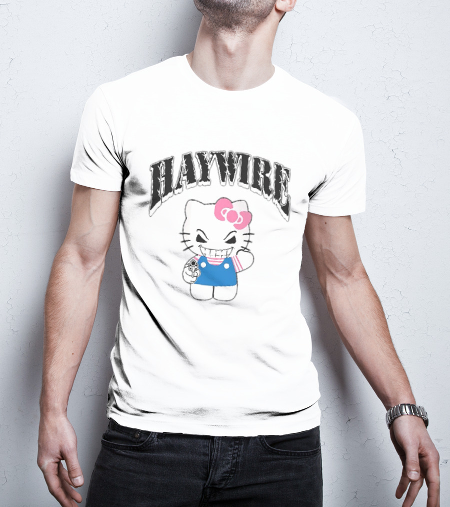 Haywire Hello Kitty Mischievous Grin Pink Bow Blue Overalls T-Shirt