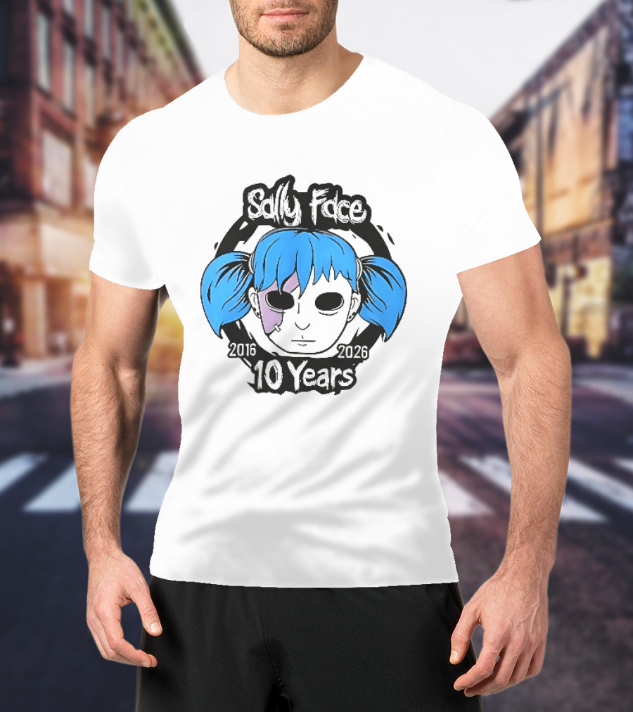 Sally Face 2016 2026 10 Years Cartoon Blue Hair Masked Character Anniversary T-Shirt