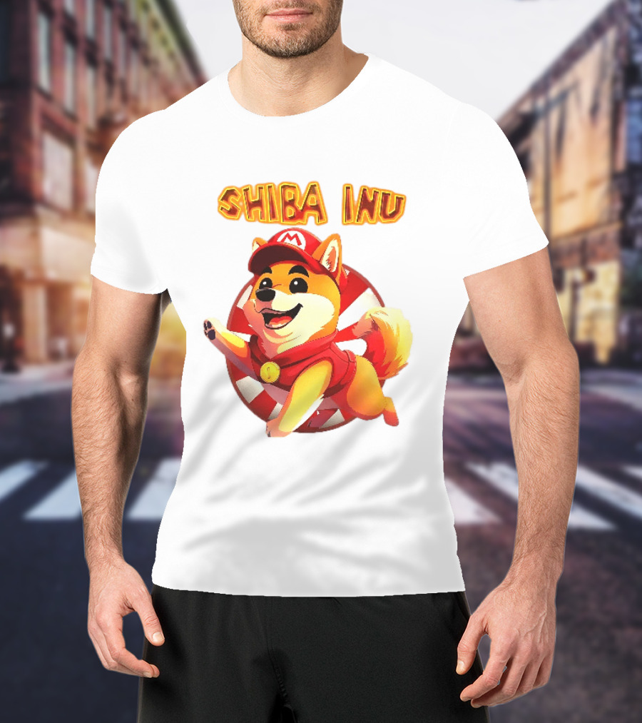 Shiba Inu Cartoon Dog Mario Red Cap Vest Running Striped T-Shirt