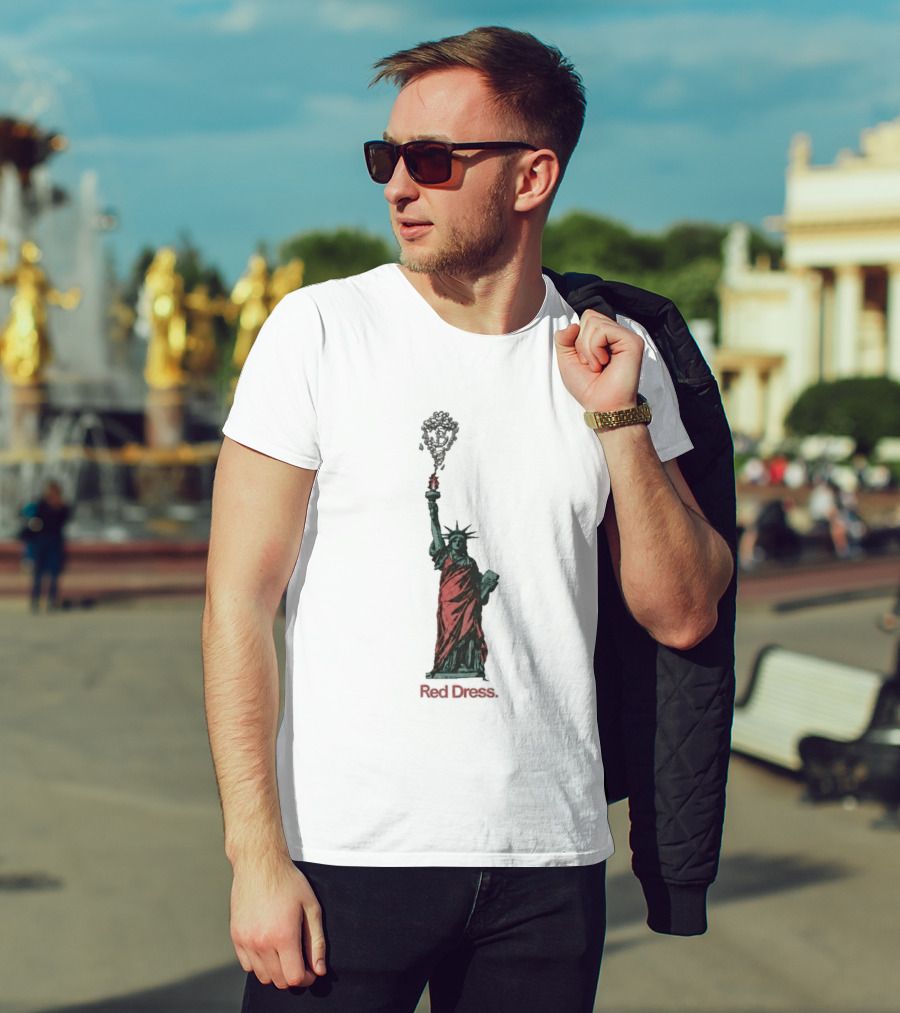 Statue Of Liberty Red Dress Unique Twist On Iconic Monument T-Shirt