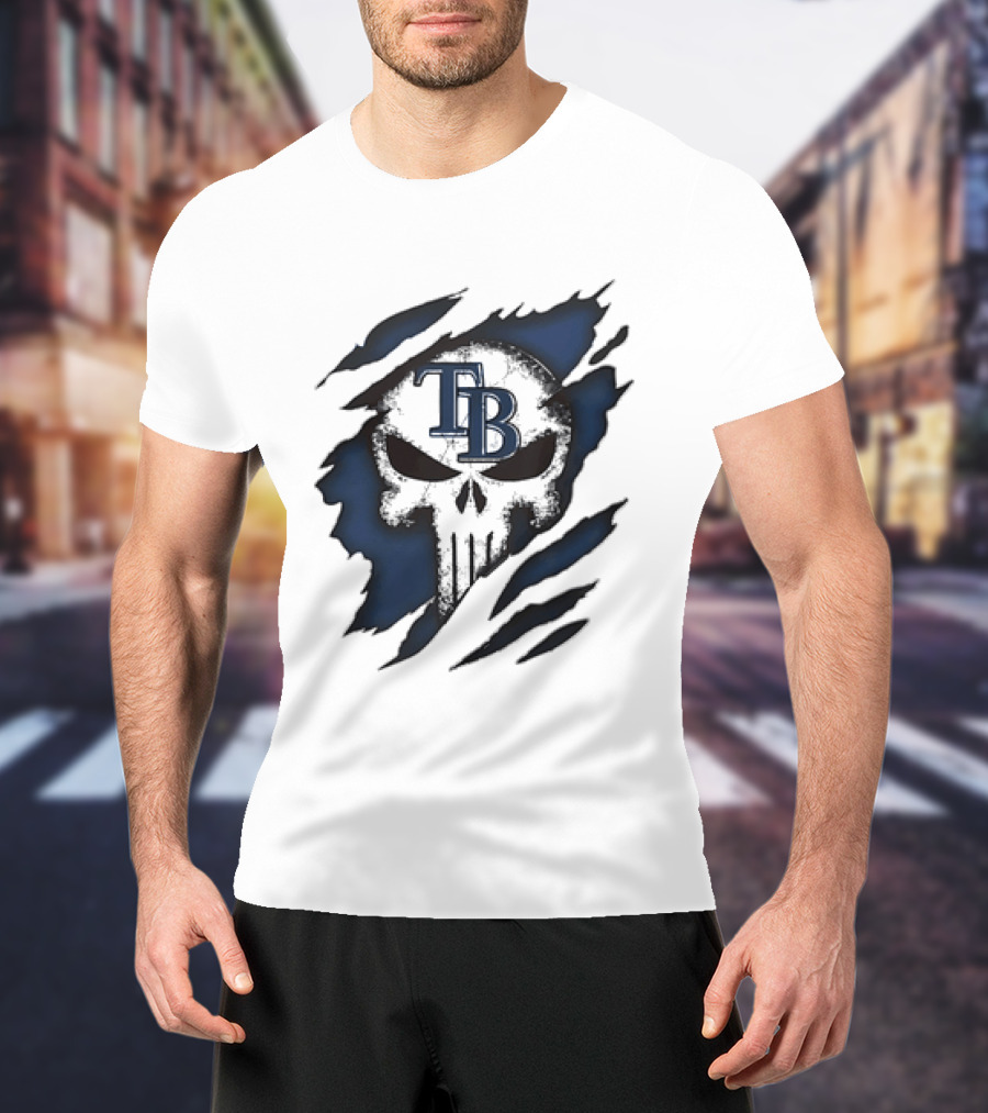 Tampa Bay Rays TB Punisher Skull Ripped Effect T-Shirt