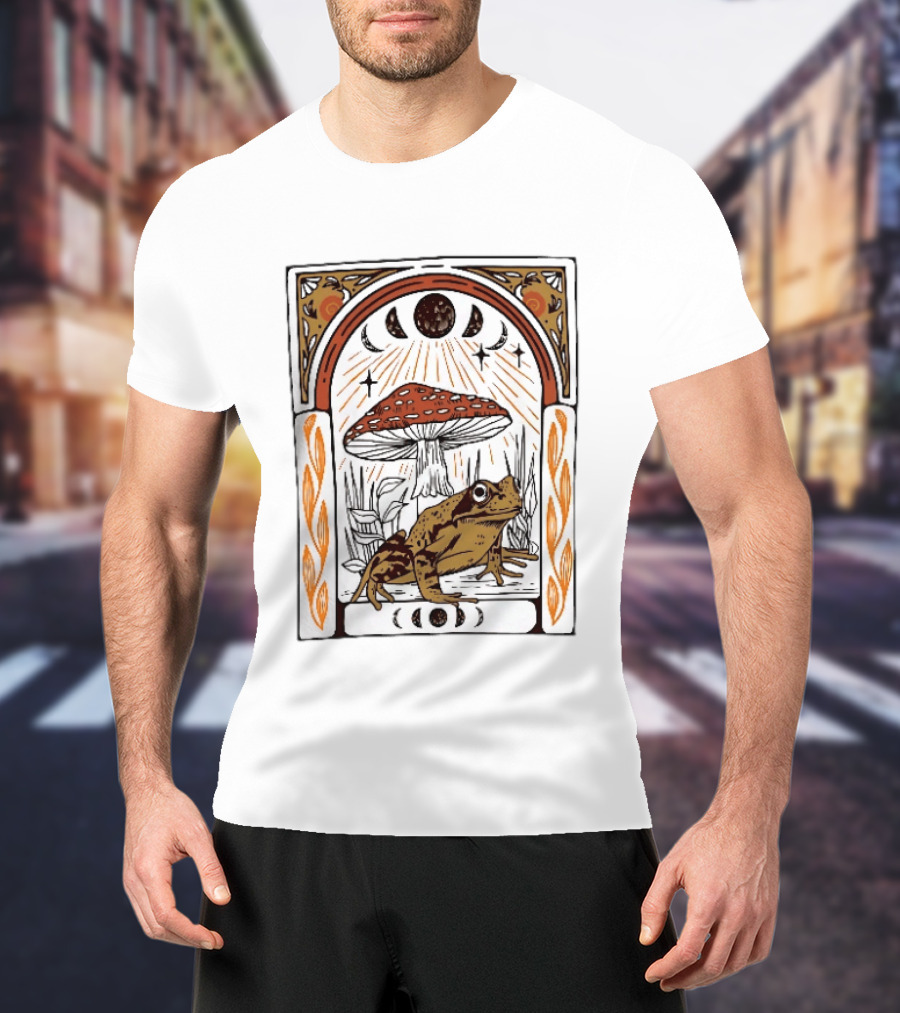 Toad With Amanita Mushroom And Celestial Moon Phases Tarot Aesthetic T-Shirt