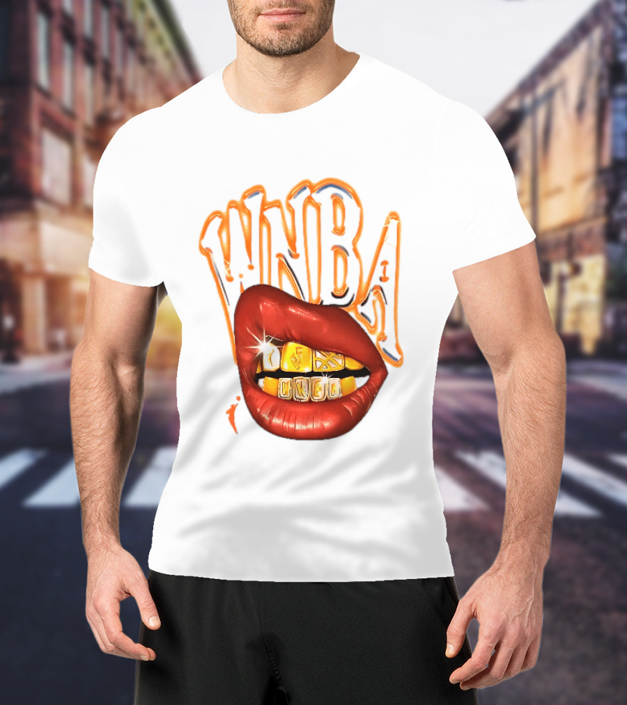 WNBA Red Lips Gold Teeth Grillz Glowing Chrome Lettering T-Shirt