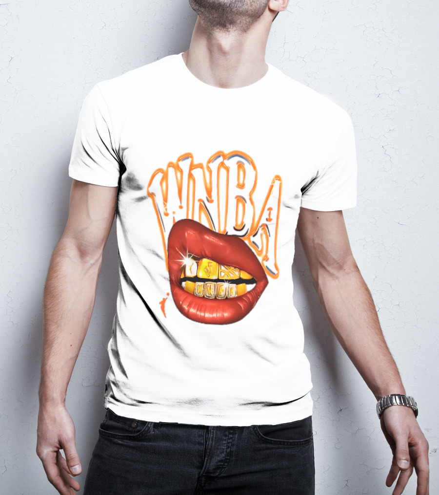 WNBA Red Lips Gold Teeth Grillz Glowing Chrome Lettering T-Shirt