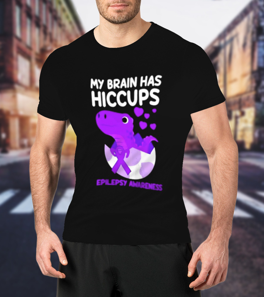 My Brain Has Hiccups Epilepsy Awareness Dinosaur Purple Ribbon Eggshell Hearts T-Shirt