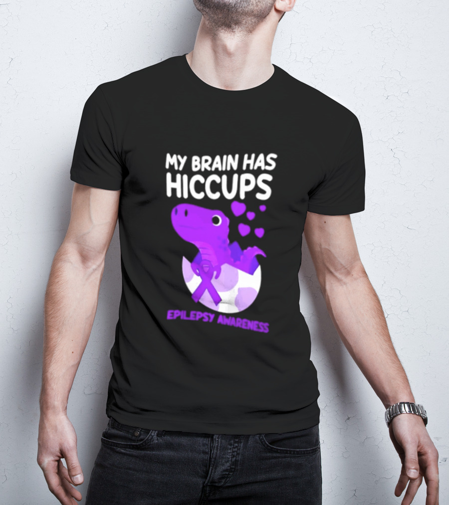 My Brain Has Hiccups Epilepsy Awareness Dinosaur Purple Ribbon Eggshell Hearts T-Shirt