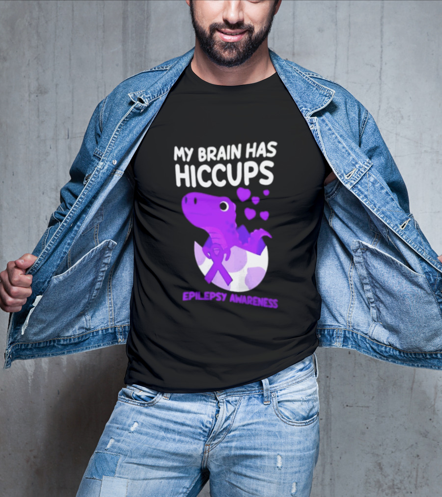 My Brain Has Hiccups Epilepsy Awareness Dinosaur Purple Ribbon Eggshell Hearts T-Shirt