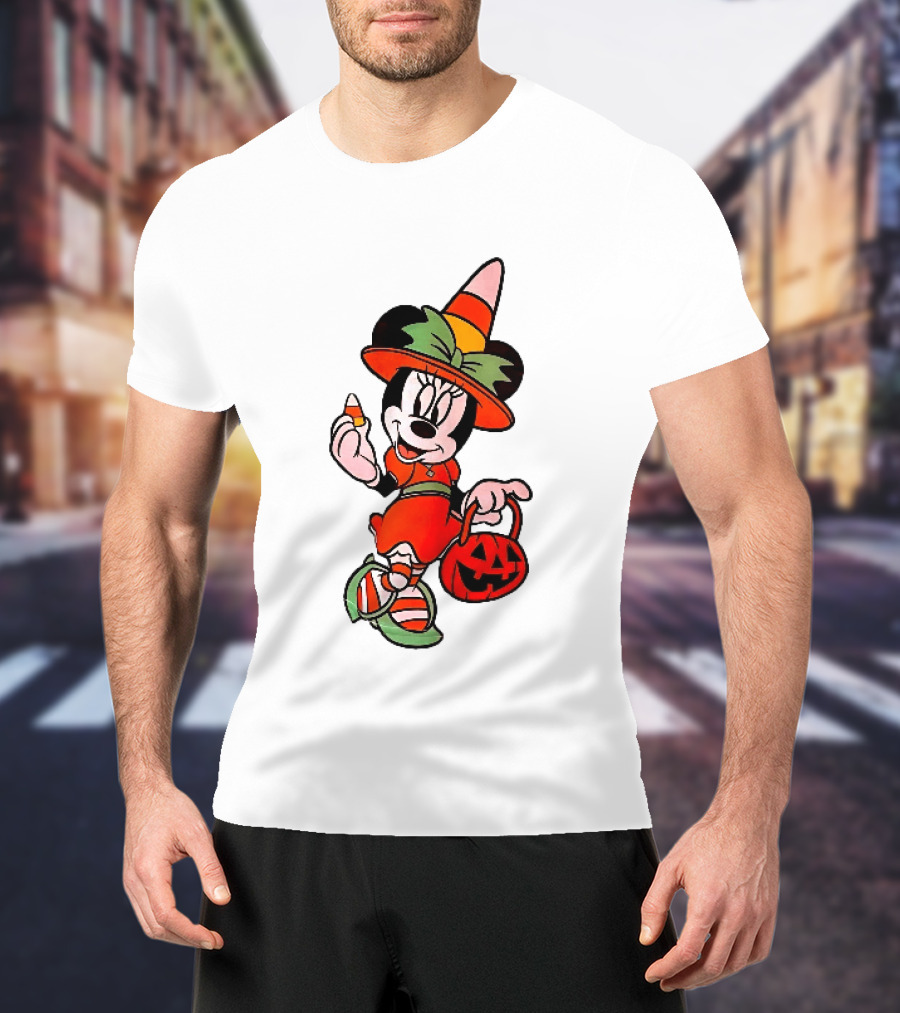 Disney Minnie Mouse Halloween Witch With Candy Corn And Pumpkin Bucket T-Shirt