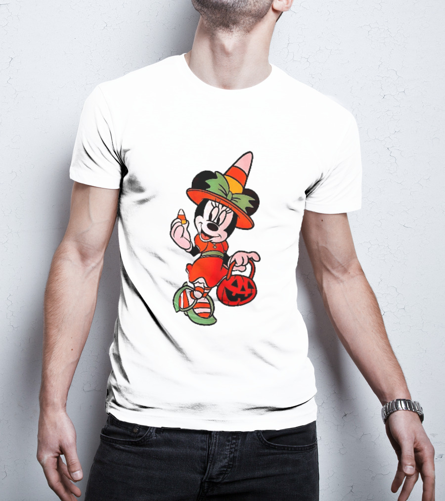 Disney Minnie Mouse Halloween Witch With Candy Corn And Pumpkin Bucket T-Shirt