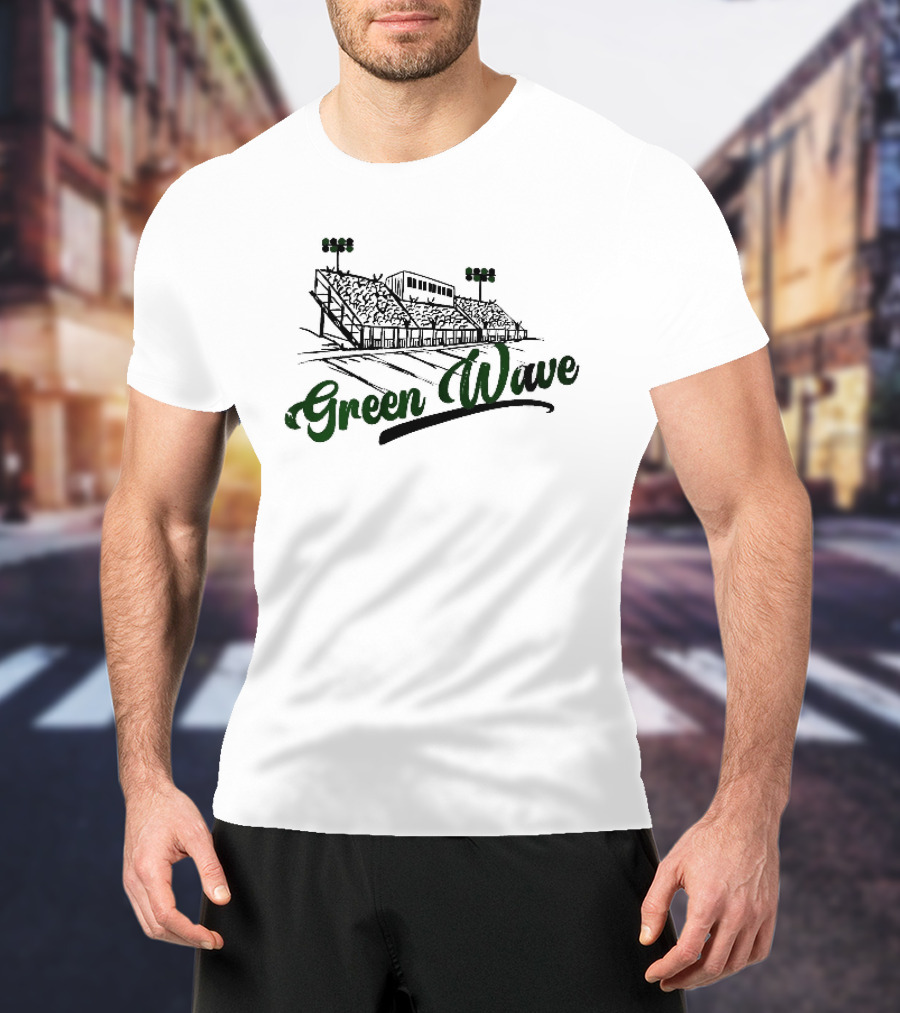 Green Wave Football Stadium Bleachers With Light Poles Sketch T-Shirt