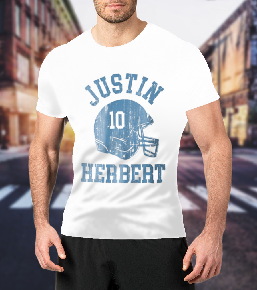 Justin Herbert Distressed Light Blue Football Helmet Number 10 T-Shirt