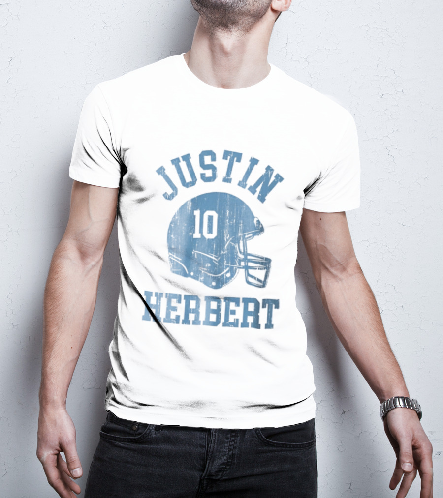 Justin Herbert Distressed Light Blue Football Helmet Number 10 T-Shirt