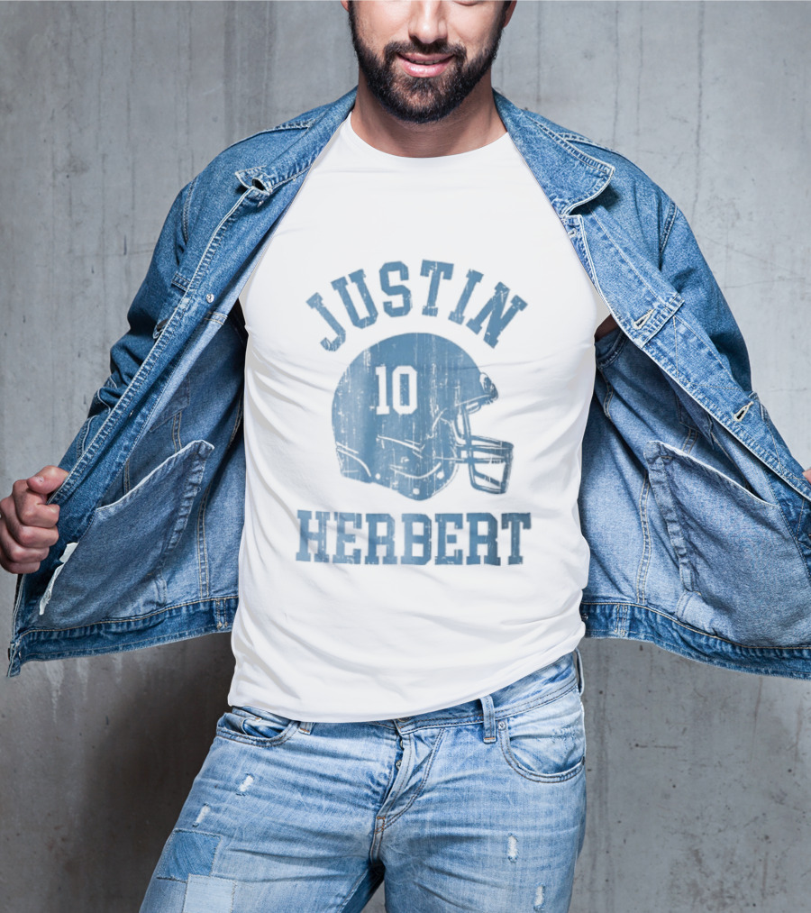 Justin Herbert Distressed Light Blue Football Helmet Number 10 T-Shirt