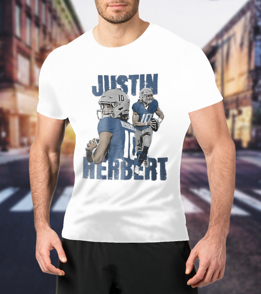 Justin Herbert Quarterback Action Photo Collage Blue Distressed T-Shirt