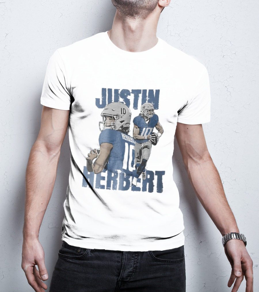 Justin Herbert Quarterback Action Photo Collage Blue Distressed T-Shirt